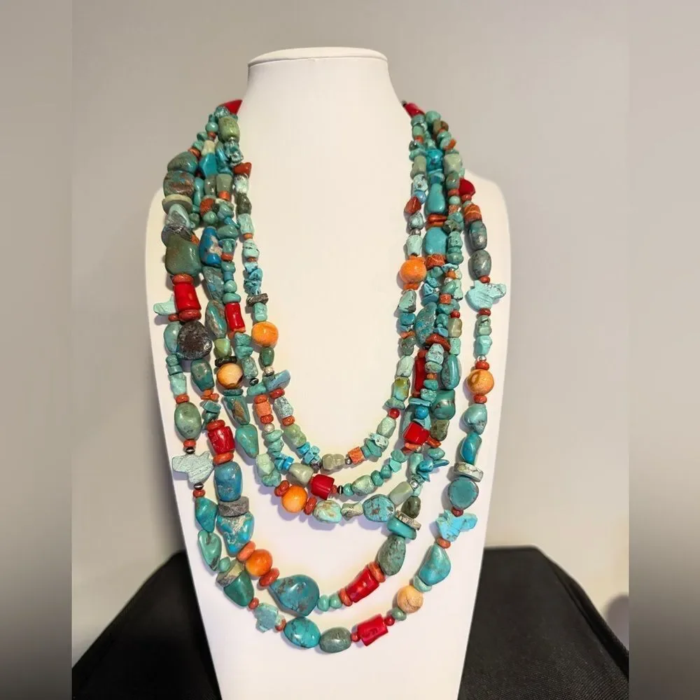 AMAZING ~20" 5 strands of Coral, Silver, TURQUOISE beads w/ VTG 925 TAXCO clasp! - Picture 12 of 13